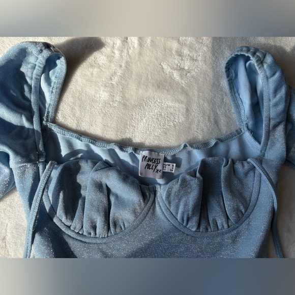 Princess Polly | 4 | Blue Silver Sparkle Long Sleeve Halter Neck Tie Mini Dress - Picture 10 of 13